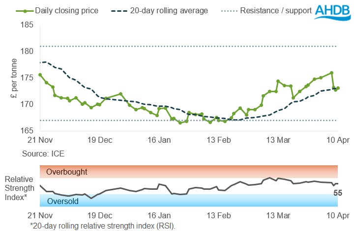 Line graph showing UK feed wheat futures prices May-26 contract (£/tonne).